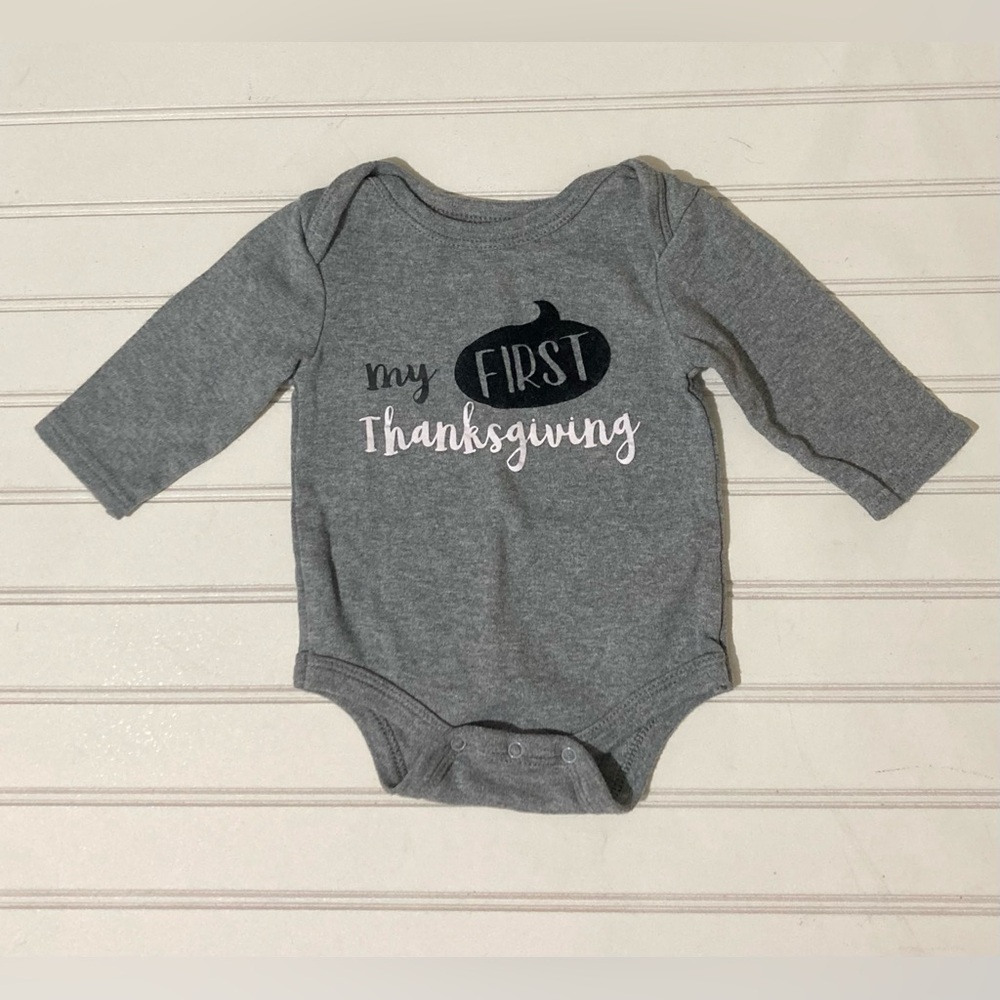 Rene Rofe Baby Bodysuit My First Thanksgiving Grey Black Long Sleeve 3-6‎ Months